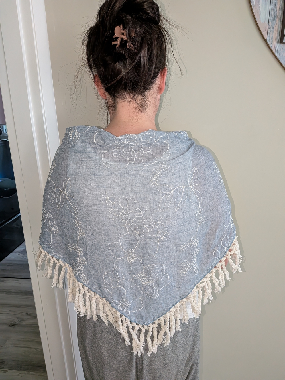 Light Blue Floral Embroidered Fringe Shawl